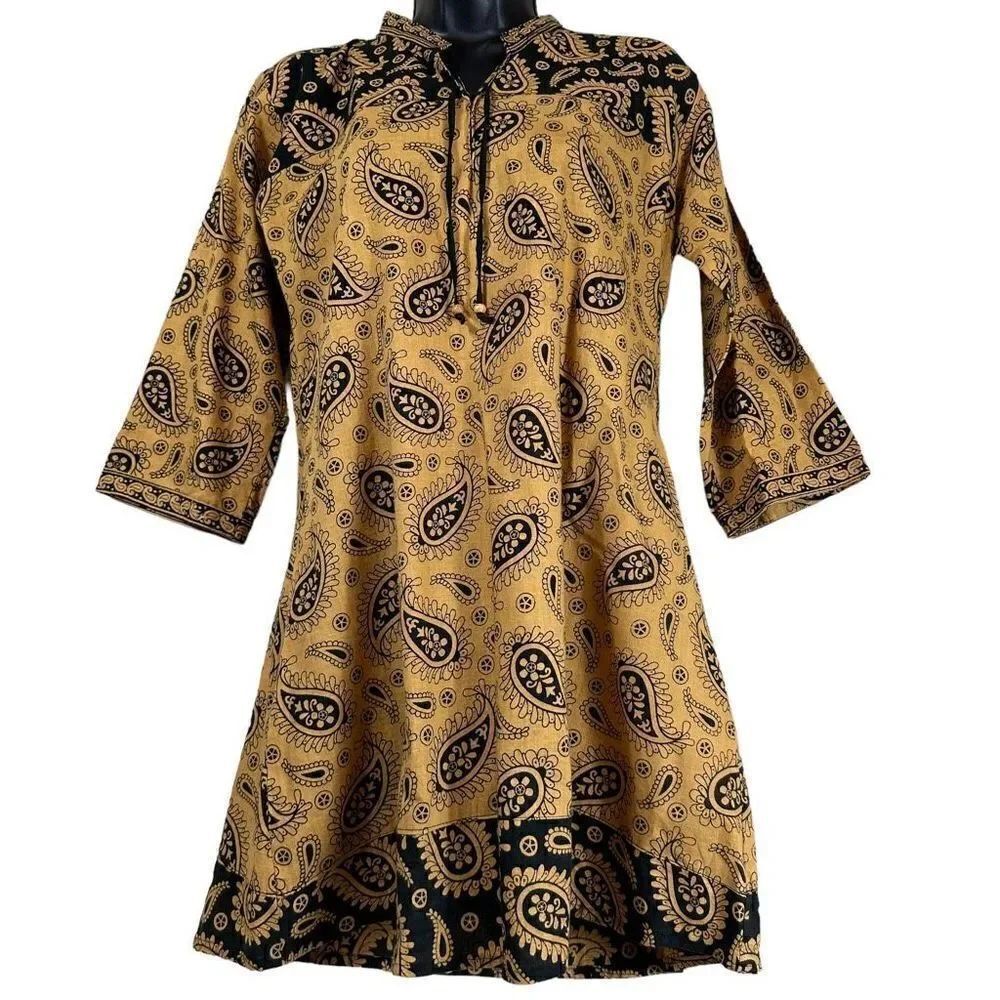 Paisley Print Cotton Band Collar Tapered Tunic Women’s Size Small